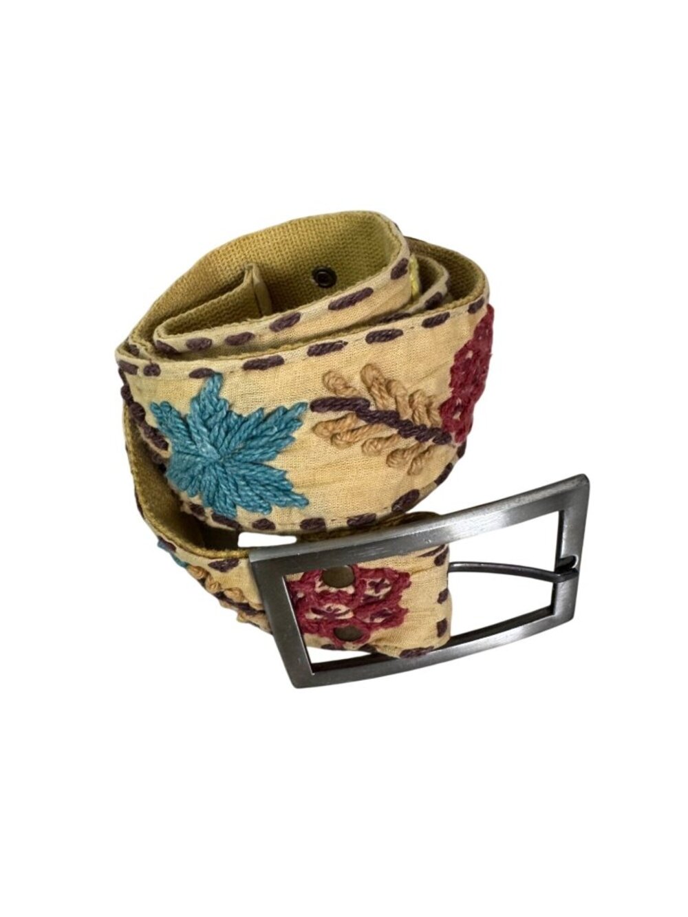 Handmade Embroidered Canvas Belt Floral Metal Buckle Boho Hippie festival Yellow